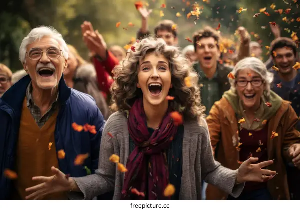 Happy multigenerational family throwing autumn leaves in the air