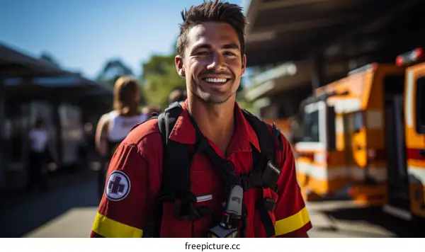 Portrait of a smiling young male paramedic in uniform standing in front of an ambulance