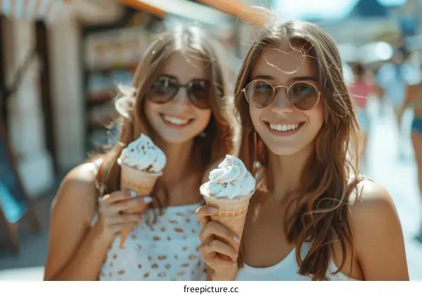 Two young women eating ice cream on a hot summer day