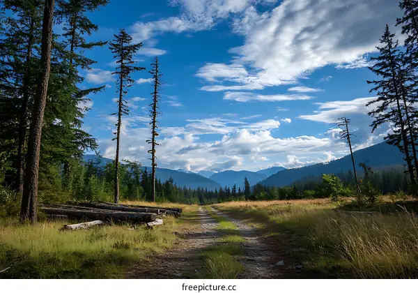 Scenic View of a Dirt Road Leading Through a Forest with a Mountain Range in the Background
