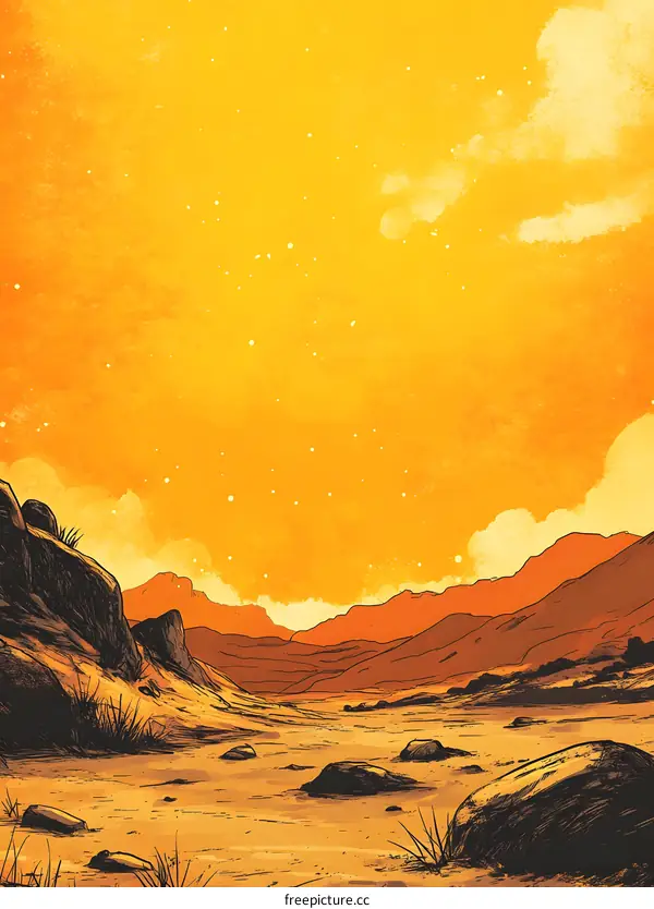 Orange Sunset over Desert Valley Landscape