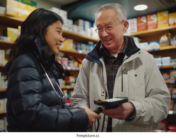 Pharmacist Assisting Customer at Pharmacy Counter