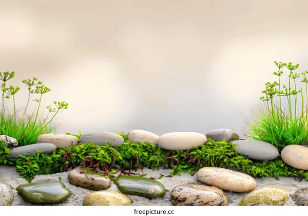 Green Grass and Stones on a Beige Background