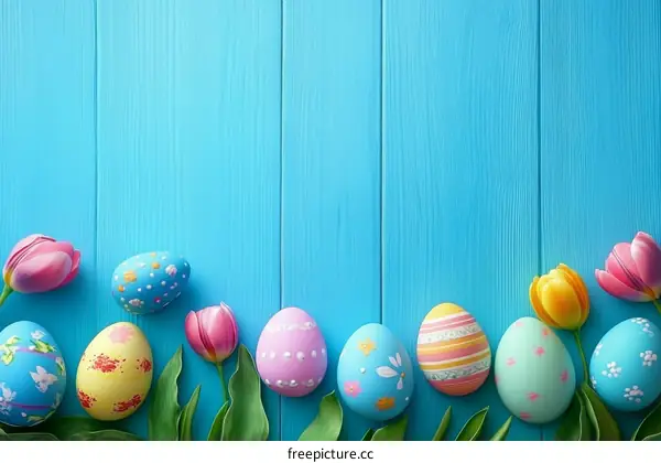 Colorful Easter Eggs and Tulips on a Light Blue Wooden Background