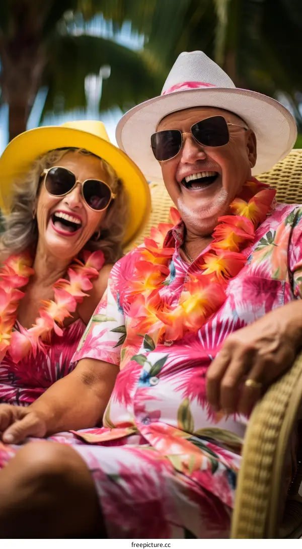 Happy retired couple laughing together on a tropical vacation