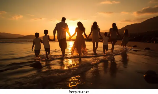 Family walking on the beach at sunset