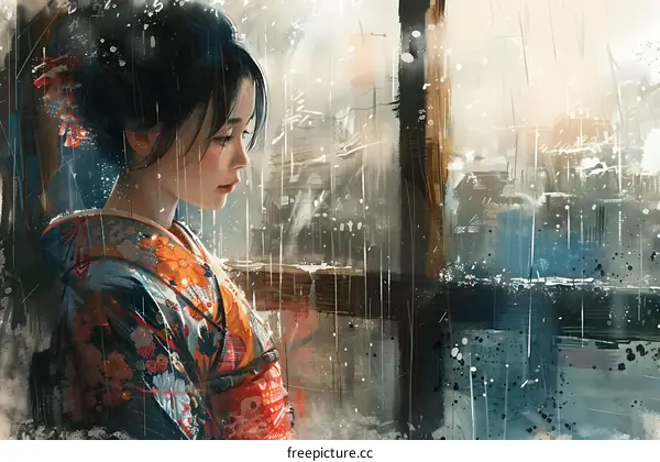A woman in a kimono is looking out the window.