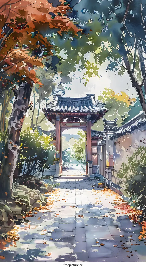 Watercolor Painting of a Traditional Chinese Garden Gate