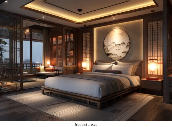 Elegant High-end Bedroom with Large Windows and Balcony