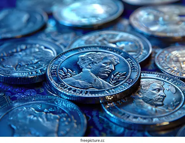 Pile of blue toned coins close up