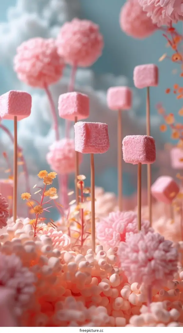 Pink surreal landscape with pink flowers and pink trees