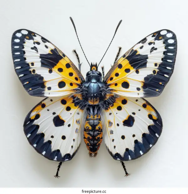 A vivid blue and orange butterfly spreading its wings