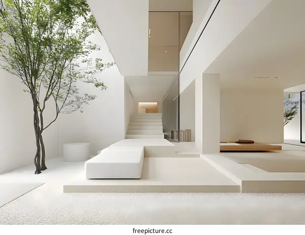 Modern Minimalist Interior Design with White Walls and a Small Tree