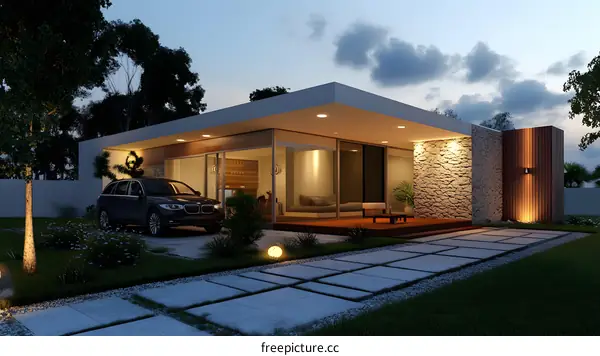 Modern House Exterior Design With Car In Front Yard