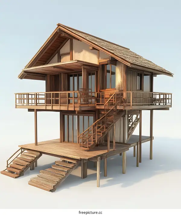 Wooden House Design With Two Floors And Stairs