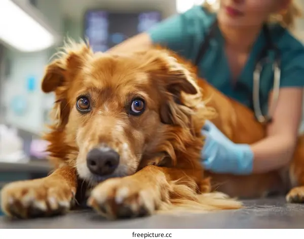 Worried Dog Examined by Veterinarian