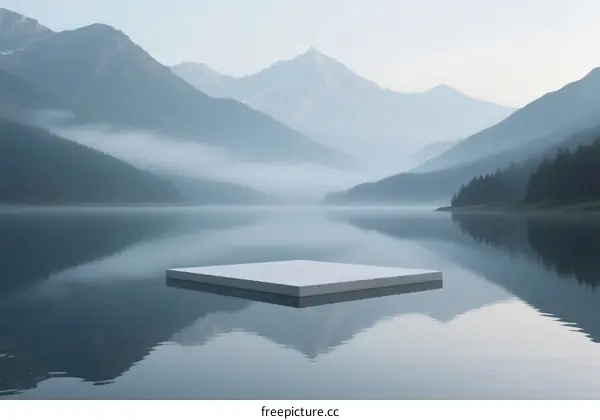 A Floating Platform in Serene Mountain Lake with Misty Vistas