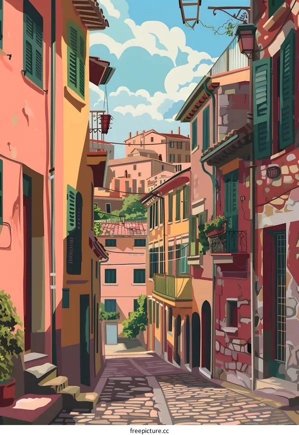Illustration of a narrow street in a European town
