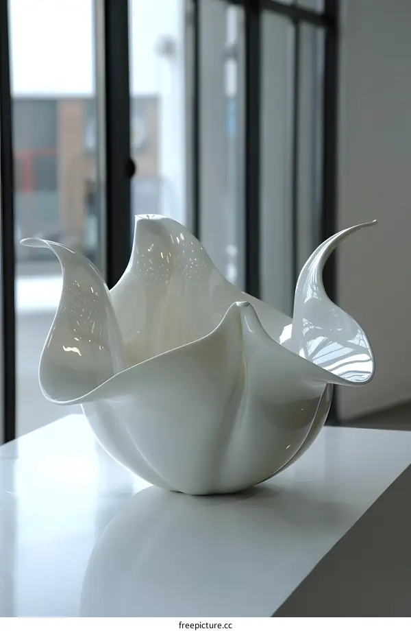 A white ceramic sculpture resembling a flower