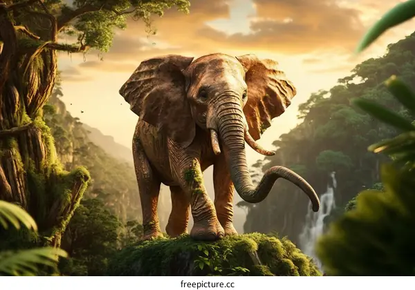 Majestic Elephant Standing on a Rock in a Lush Jungle