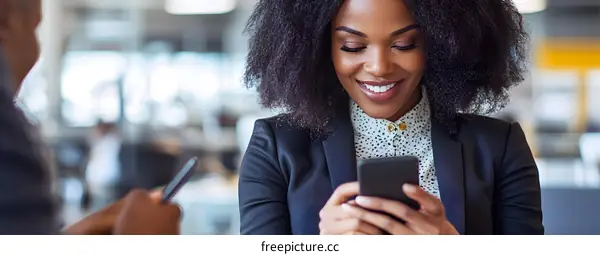 Smiling African American Businesswoman Looking At Her Smartphone