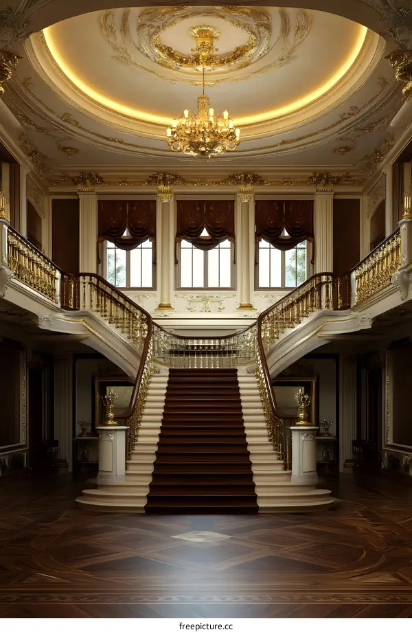 Classic Interior Design of a Grand Staircase with Golden Railings and Chandelier