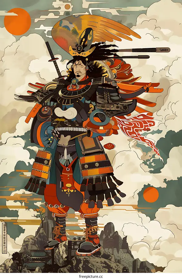 Japanese Samurai Warrior Illustration With Cloud And Sun Background