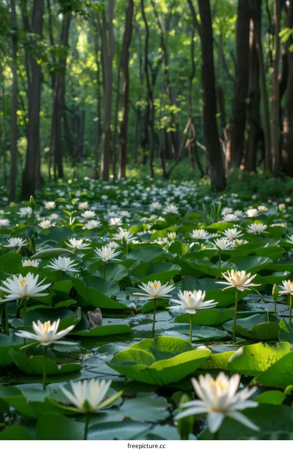 White water lilies in a pond surrounded by a forest