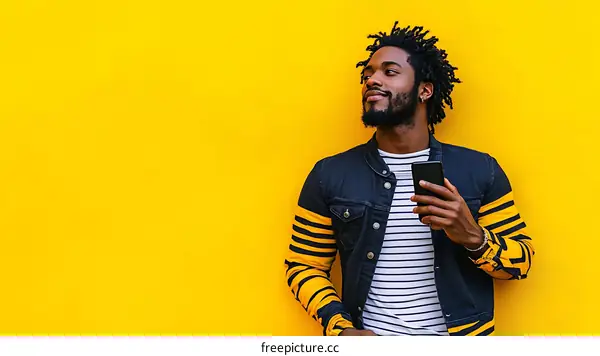 Stylish African American Man Using Smartphone against a Vivid Yellow Wall