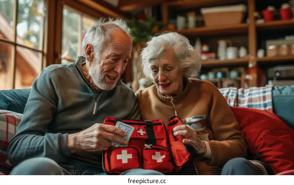Senior couple checking first aid kit