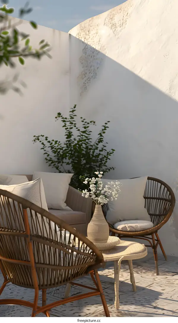 White Wall Patio with Wicker Chairs and Flowers