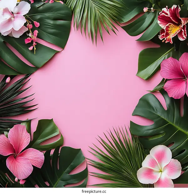 Tropical Leaves and Flowers on Pink Background