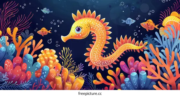 Illustration of a yellow and orange seahorse swimming in a coral reef with various species of fish