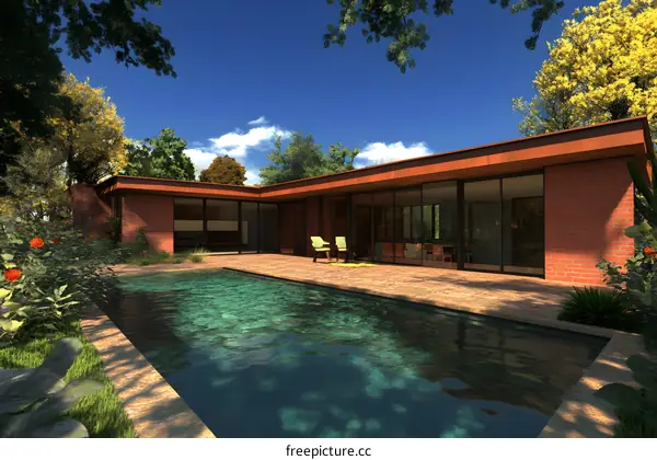 Modern Brick House with Pool and Lush Greenery