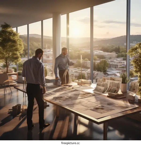 Two businessmen discussing blueprints in a modern office with large windows overlooking the city