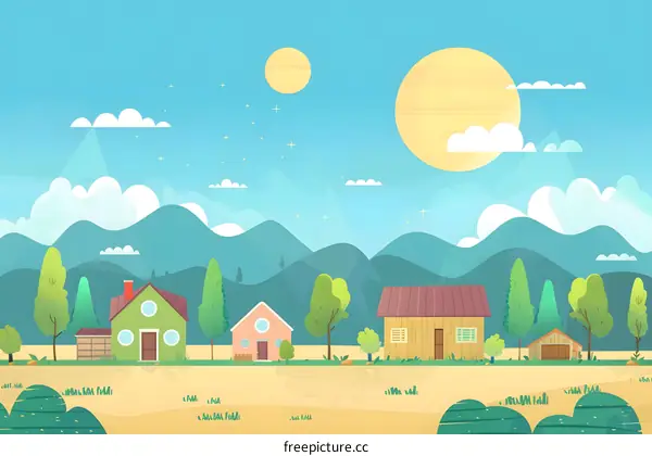 Cartoon Landscape with Houses and Mountains