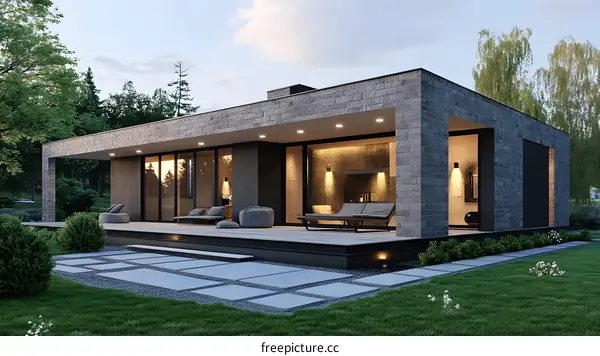 Modern Stone House with Patio and Landscaping