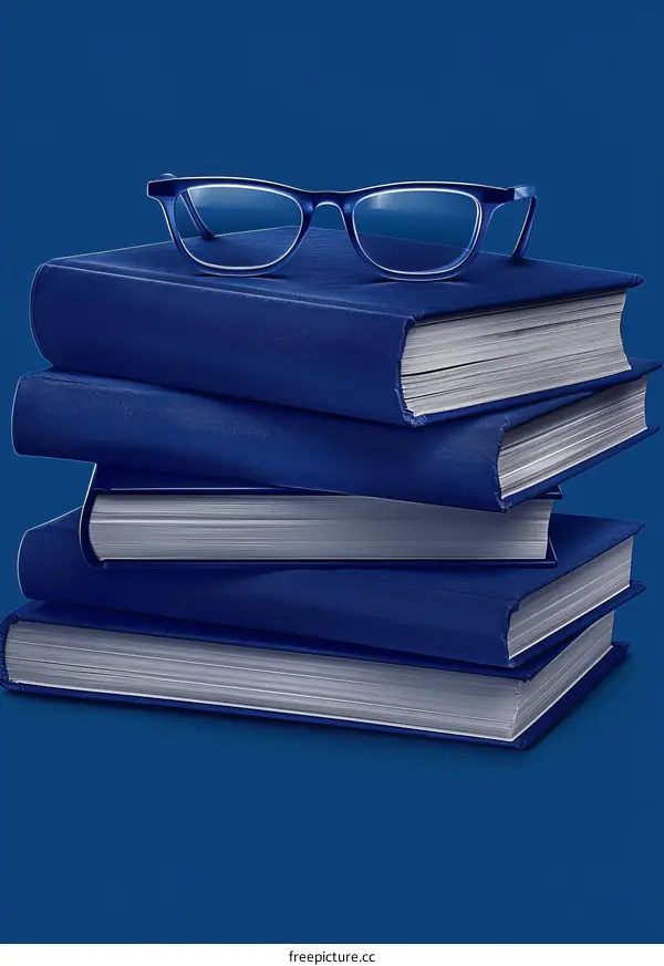 A Stack of Blue Hardcover Books with Eyeglasses on Top
