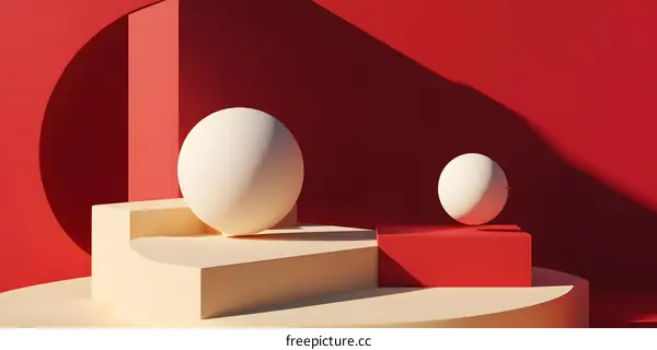 Abstract White Sphere on Geometric Platforms with Red Background
