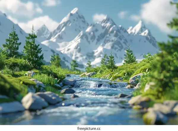 Breathtaking Landscape with Snow-Capped Mountains, River, and Lush Trees