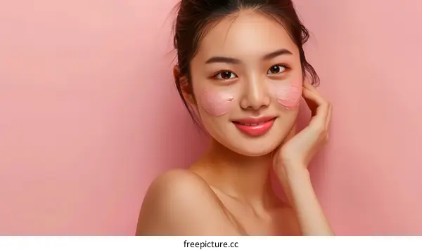 Young Asian Woman with Pink Face Mask Smiling at the Camera