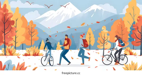 Fall Season Illustration with People Riding Bikes and Walking in Forest