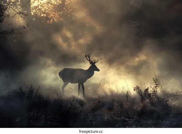 Majestic Deer Silhouette in Foggy Forest