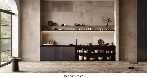 Modern Kitchen Interior Design with Beige Tiles and Black Cabinets