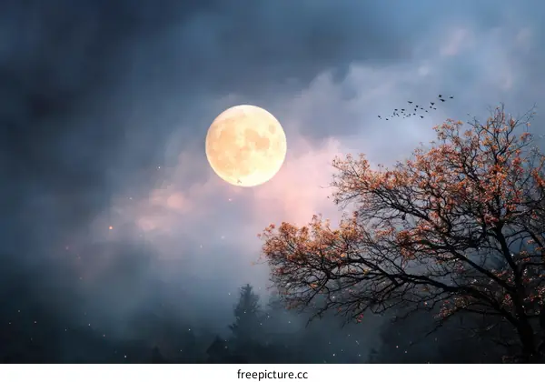 Full Moon Night Sky over Autumn Trees