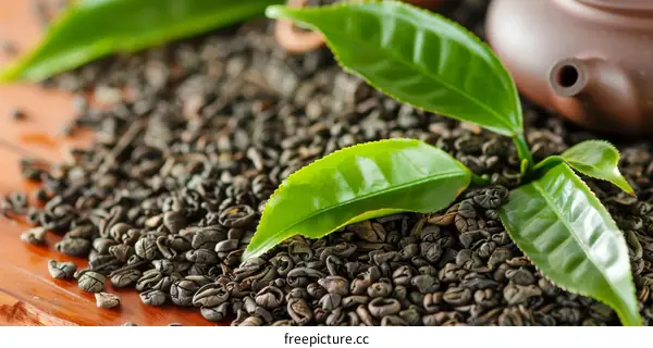 Green tea leaves and dry tea leaves