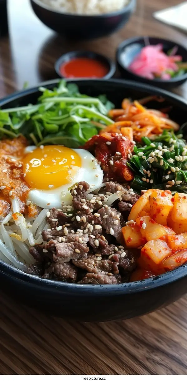 Korean Bibimbap: Beef, Egg, Bean Sprouts, Kimchi