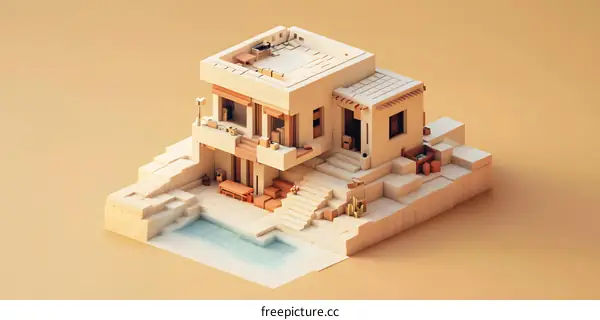 Low Poly House with Swimming Pool and Desert Landscape