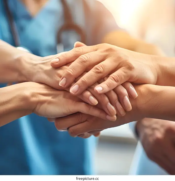 Hands Stacked Together Show Support and Unity in Healthcare