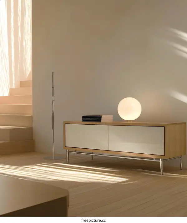 Modern Cabinet with Lamp and Books in Minimalist Interior Design